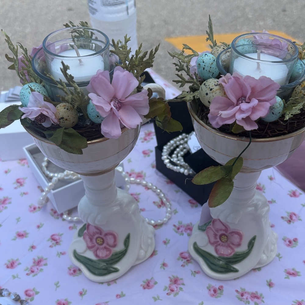 Pink Floral Ceramic Candle Holders with Decorative Accents
